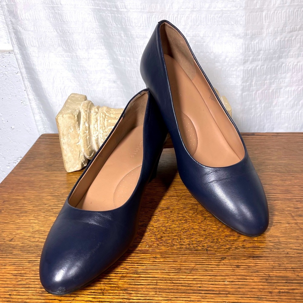 Aerosoles Inner Circle Navy Blue Leather Wedge Pumps Shoes 10.5W Career *READ